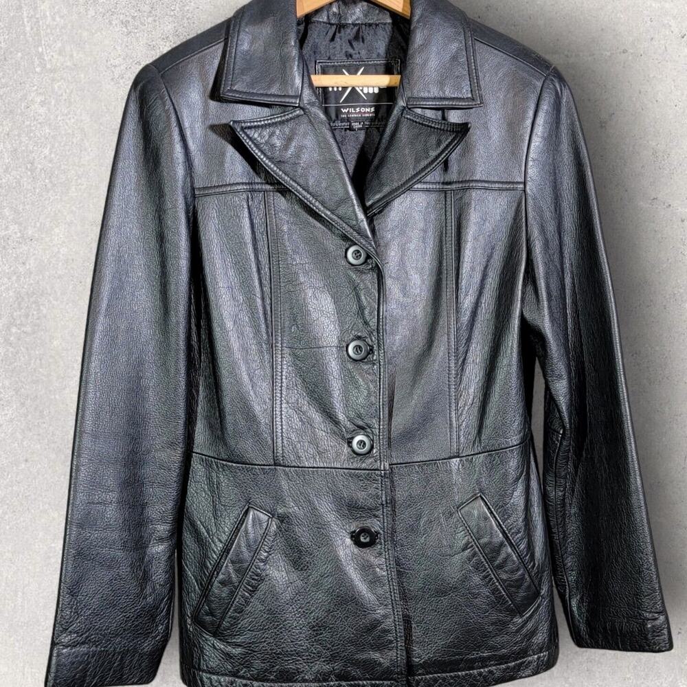 Wilsons Maxima Womens Black Leather Jacket Large VTG 90s Button Front Pockets